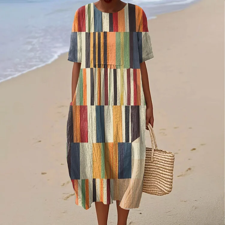 VChics Colorful Geometric Print Round Neck Short Sleeve Midi Dress