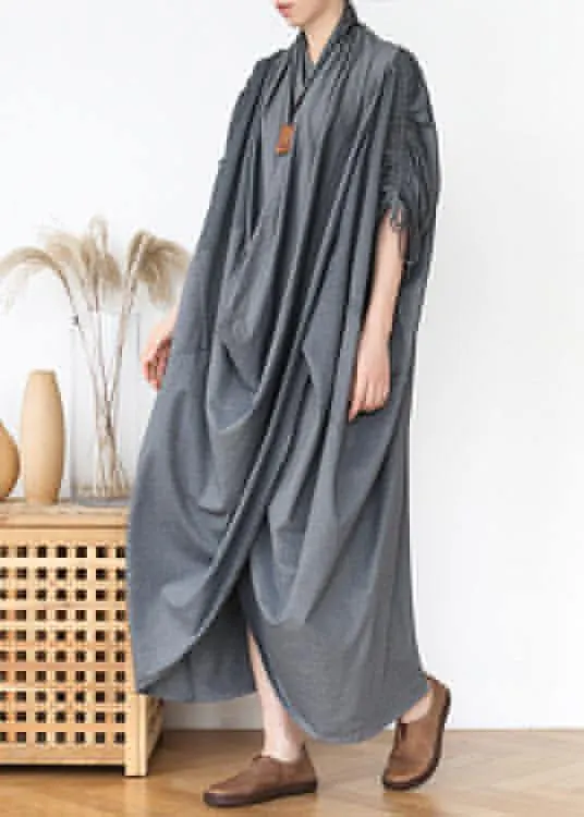 DIY v neck asymmetric cotton clothes Fabrics gray Maxi Dresses