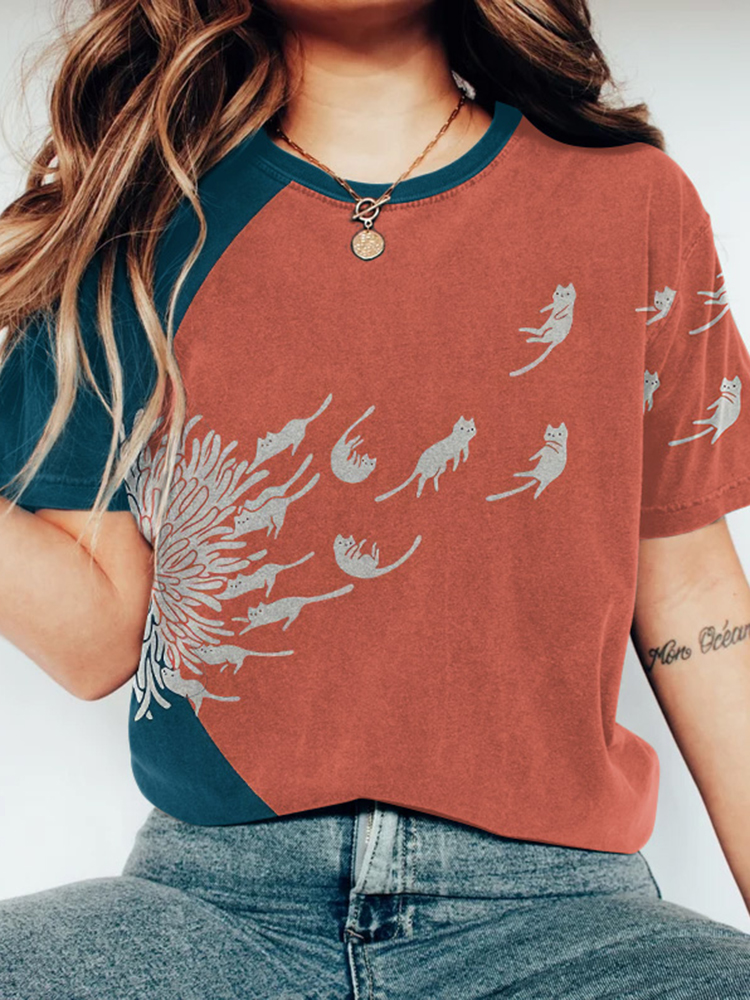 Women's Contrast Color Fun Cat Print Casual Short Sleeve T-Shirt