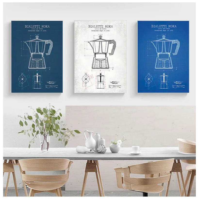 Coffee Pot Patent Posters and Prints Bialetti Moka Poster Coffee Blueprint Art Picture Canvas Painting Kitchen Wall Art Decor