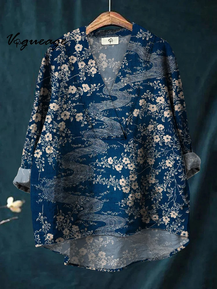 Gentle And Elegant Intellectual Flowers Printed Cotton And Linen Shirt