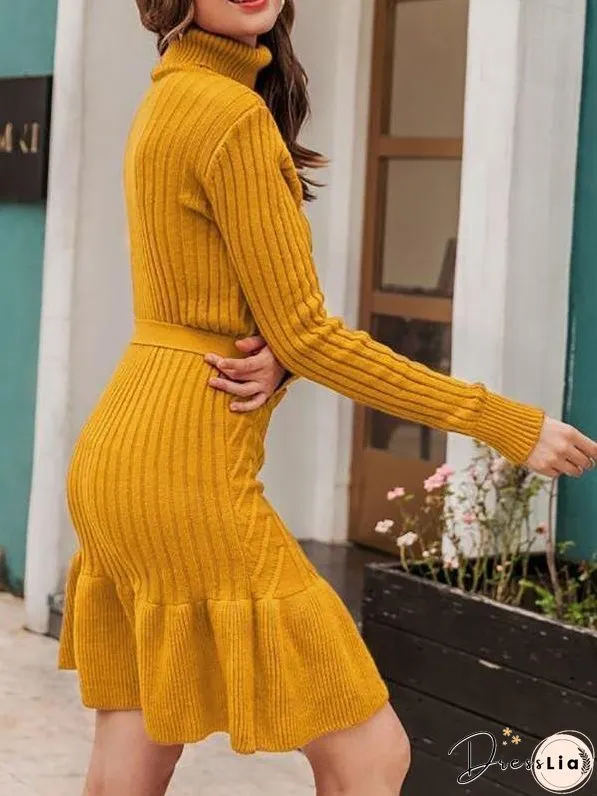 Ruffle Hem Belted Sweater Dress for Women