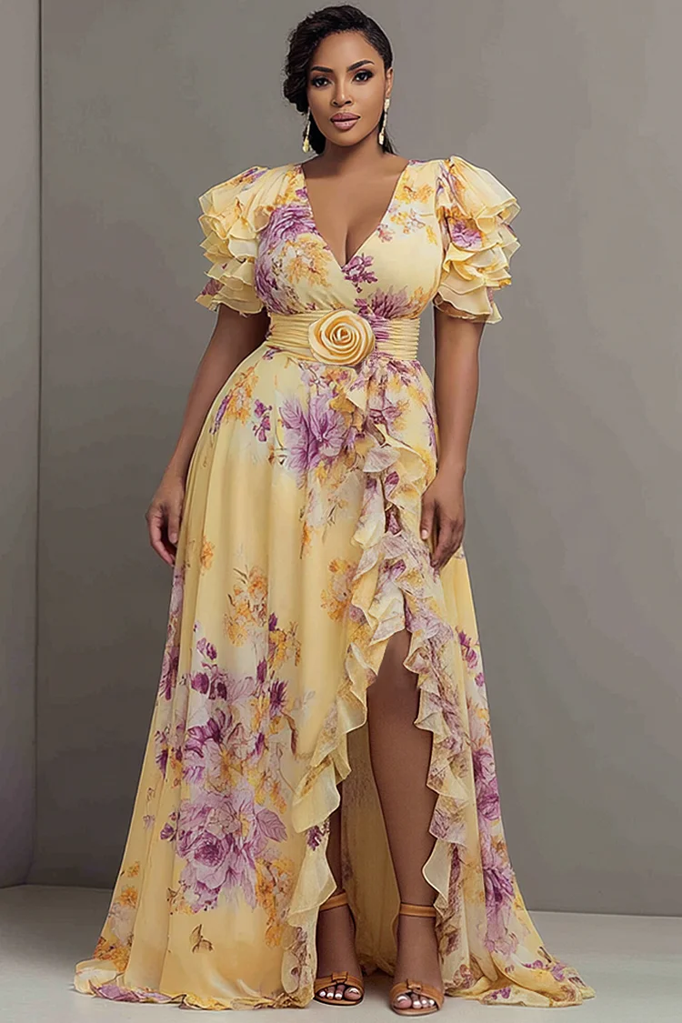 Xpluswear Design Plus Size Formal Elegant Yellow Floral V Neck Short Sleeve Ruffle 3D Chiffon Maxi Dresses [Pre-Order] 2024 - Xpluswear