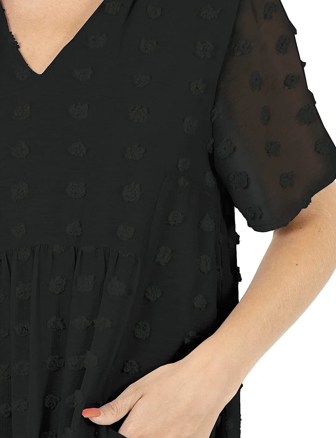 MIHOLL Women's V Neck Short Sleeve Ruffle Loose Summer Flowy Mini Dress