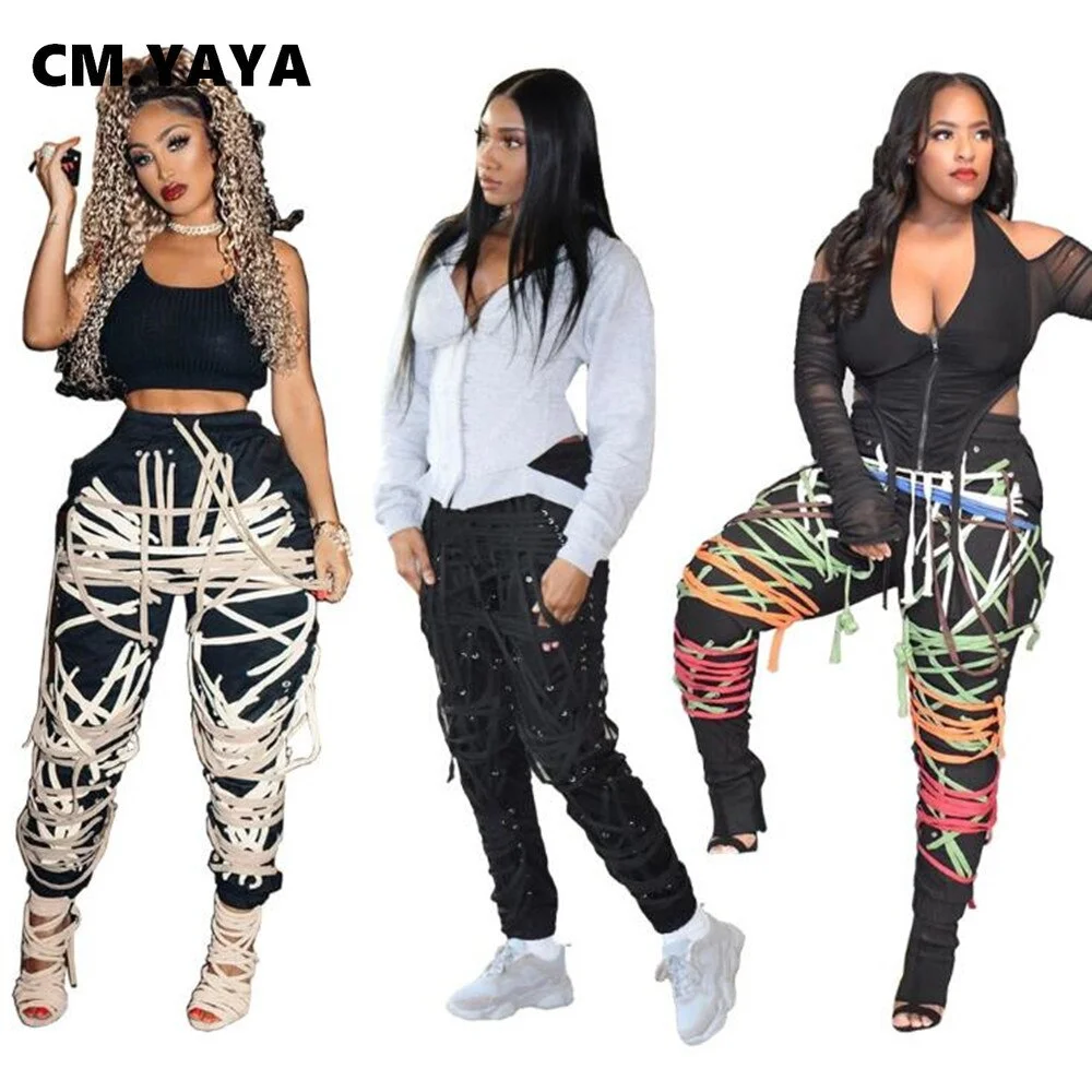 CM.YAYA Streetwear Women Lace Up Strings Pants High Waist Hip Hop Trousers Activewear Sports Jogger Sweatpants