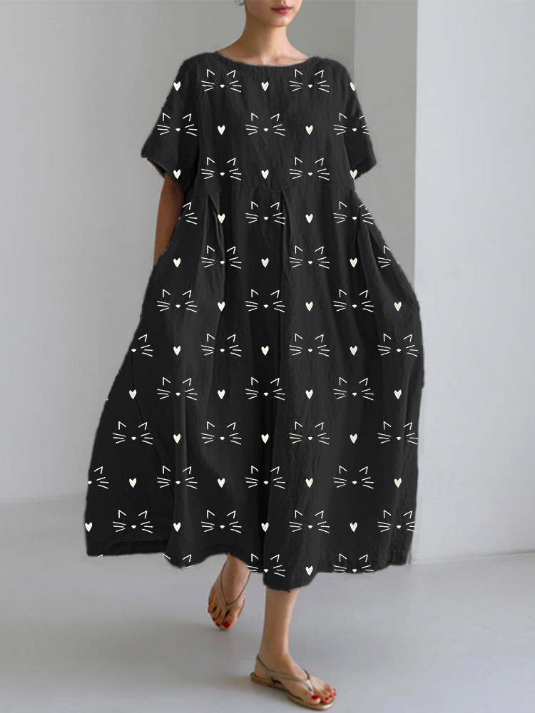 Comstylish Cute Cat Face Printed Linen Blend Dress