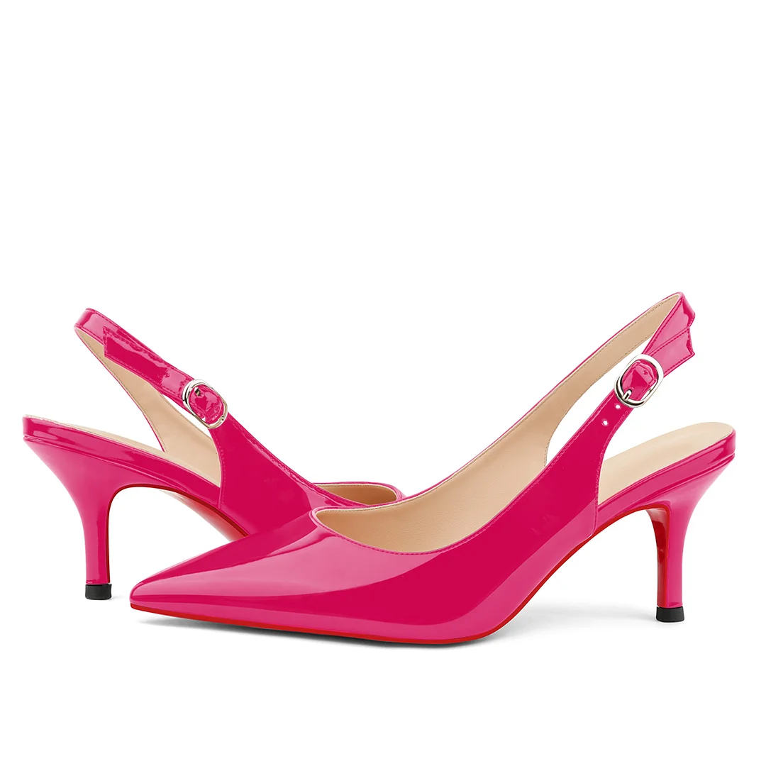 2.36" Women's Pointed Toe Red Bottom Sandals Slingback Shoes Kitten Heel Pumps Patent-MERUMOTE