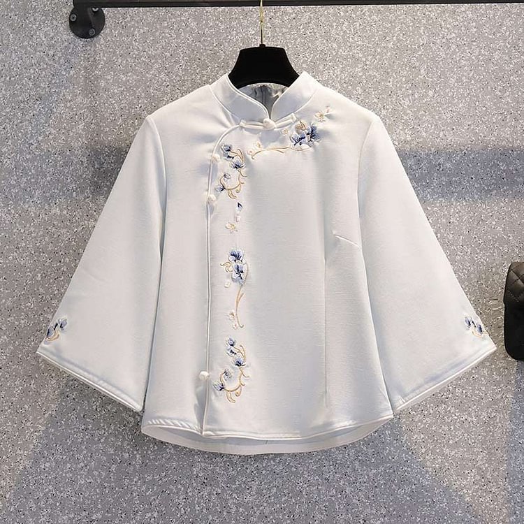 Floral Embroidery Bow Long Sleeve Vintage Top Skirt Set - Modakawa Modakawa