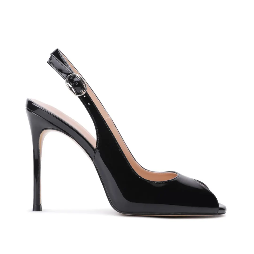 100mm Women&rsquo;s Shiny Patent Peep Toe Slingback High Heels Elegant Thin Stiletto Evening Dress Shoes-MERUMOTE
