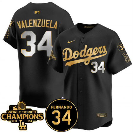 Men's Los Angeles Dodgers #34 Fernando Valenzuela Black 2024 World Series Champions & Fernando Memorial Patch Vapor Premier Limited Stitched Baseball Jersey