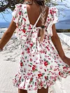 Floral Printed Falbala Lace-Up Mini Dress