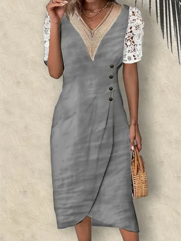 Women's Stitching Button Lace Floral Hollow V-Neck Short Sleeve Maxi Dress