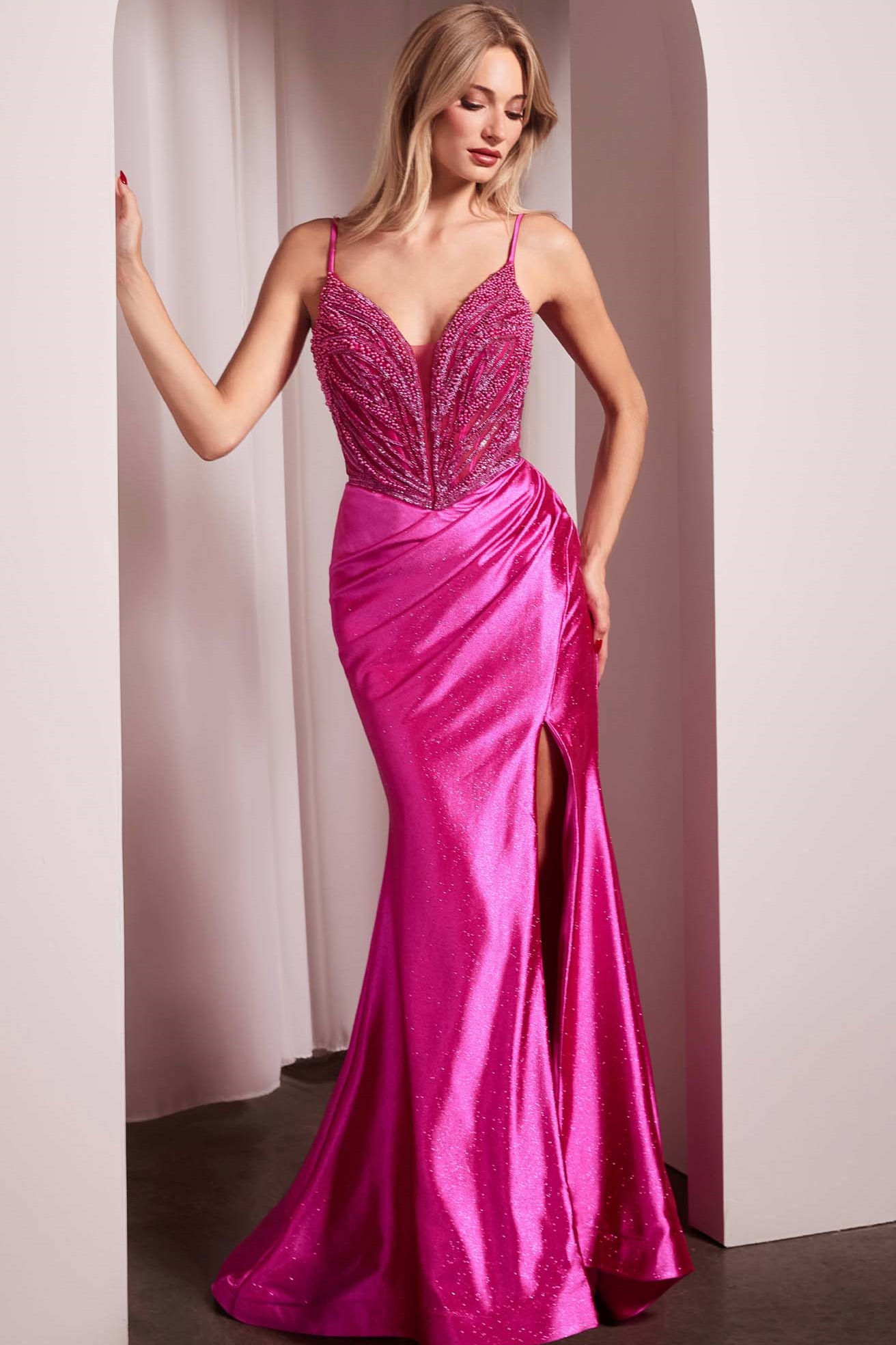 Ovlias Refined Fuchsia Spaghetti Strap Sequins Split Evening Dress LY0721