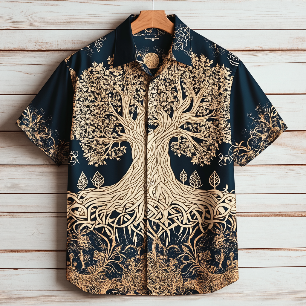 Viking Tree Of Life Natural Classical Art Men's Hawaiin Linen Shirt / Rvogue / Rvogue