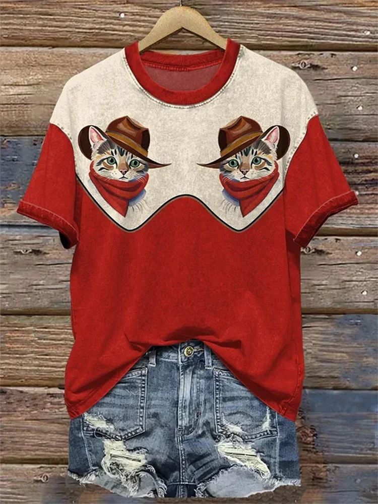 VChics Women's Vintage Western Cowboy Cat Style T-Shirt