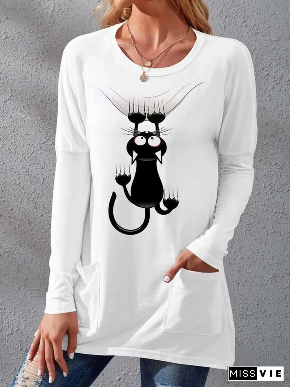 Women'S T-Shirts Cat Print Crew Neck Pocket Long Sleeve T-Shirts