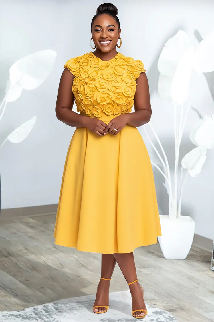Xpluswear Design Plus Size Cocktail Party Yellow Round Neck 3D Pocket Midi Dresses [Pre-Order] 2024 - Xpluswear