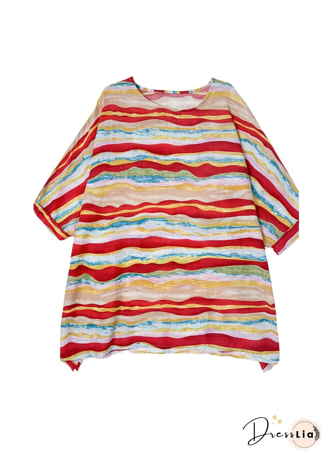 Women Red O Neck Striped Plus Size Cotton Blouse Tops Batwing Sleeve