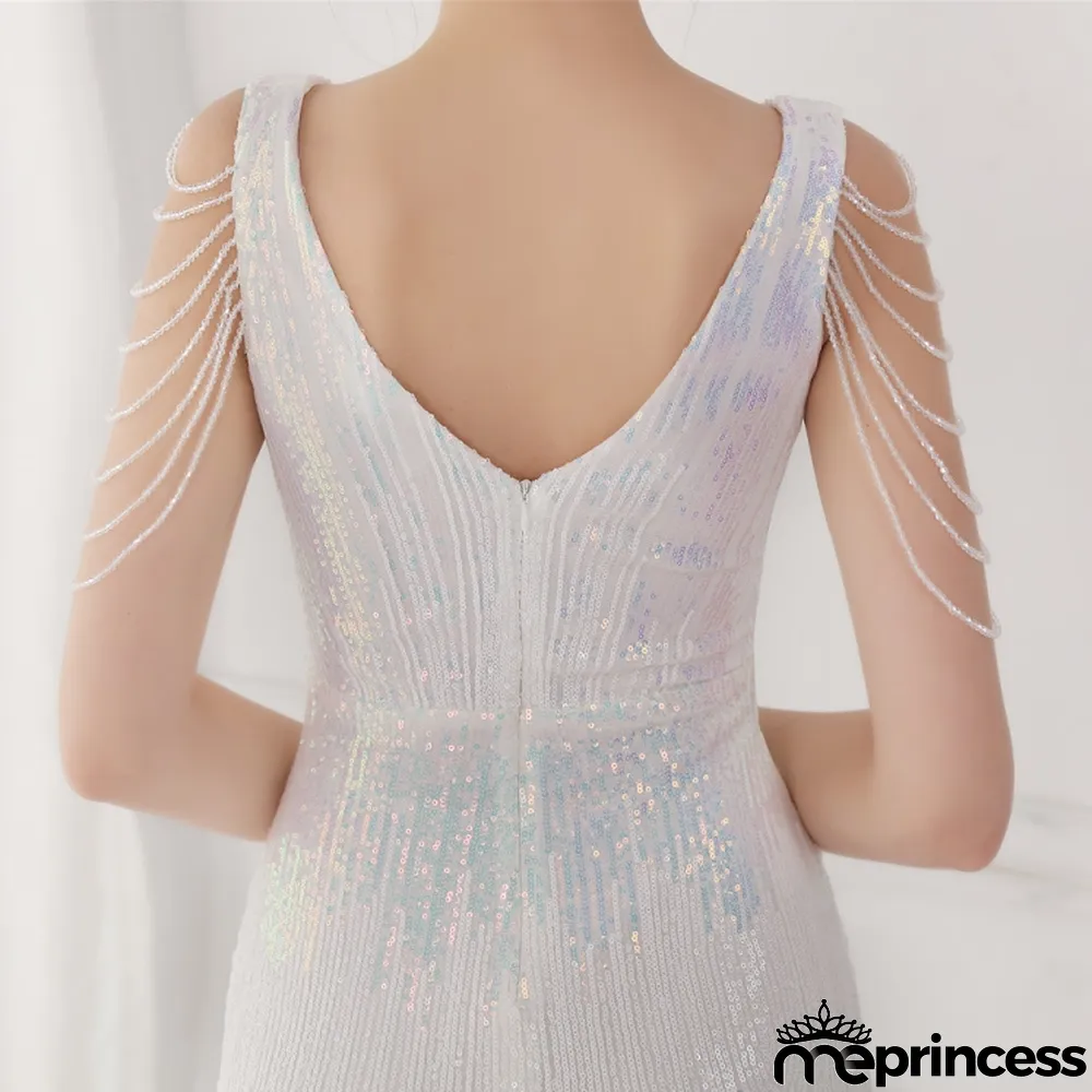 Spring Elegant White Bling Sequins V Neck Tassel Gradient Mermaid Evening Dress