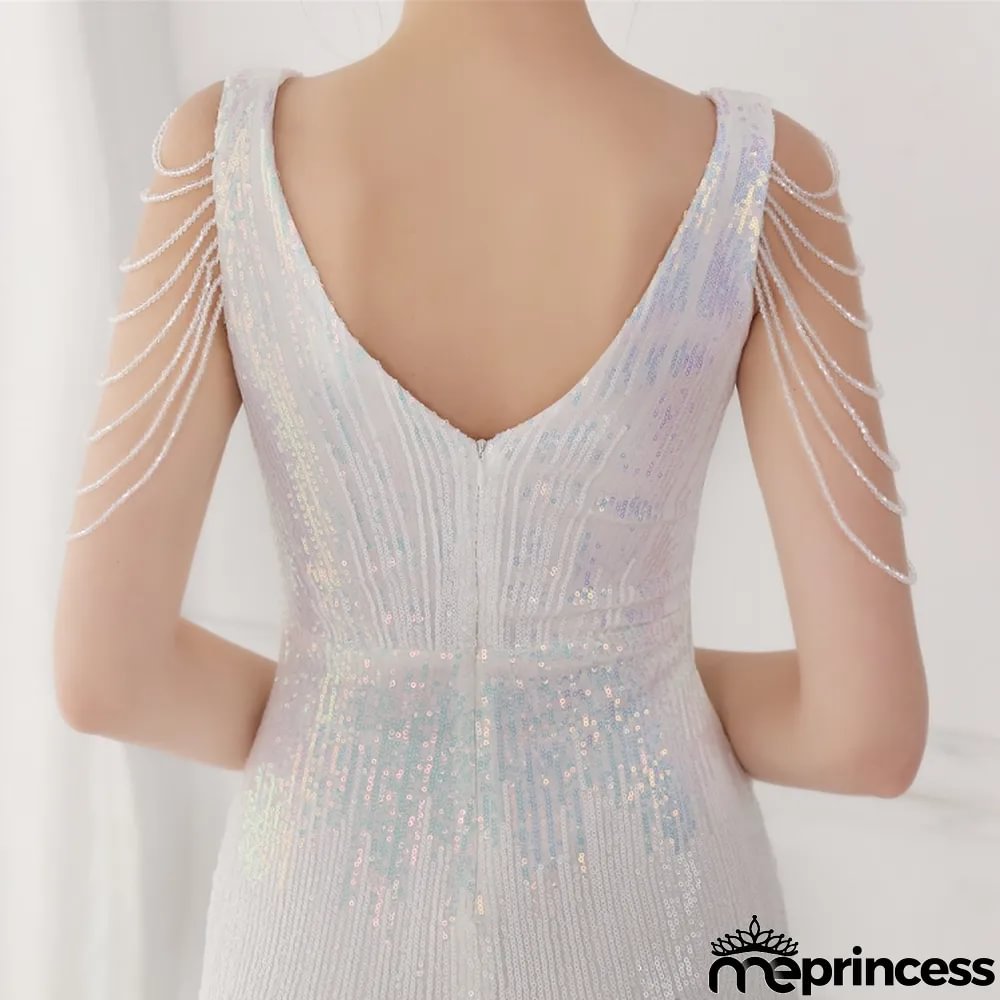 Spring Elegant White Bling Sequins V Neck Tassel Gradient Mermaid Evening Dress