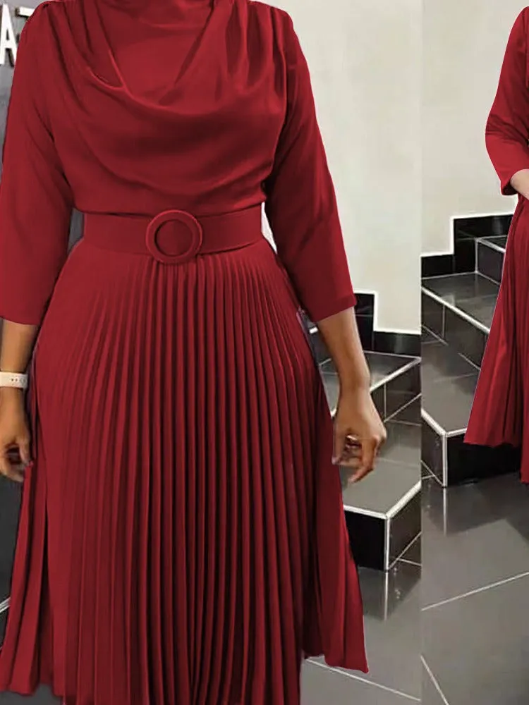 Brownm Autumn Fashion African Solid Color Pleated Dresses