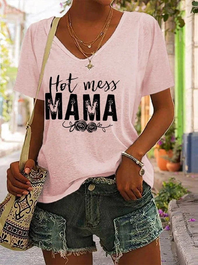 Women's Mother's Day Hot Mess Mama Print V-Neck T-Shirt socialshop