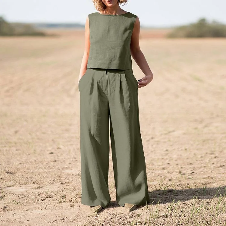 2Pcs Women Casual Sleeveless Blouse Matching Sets Elastic Waist Pants Beach Suit