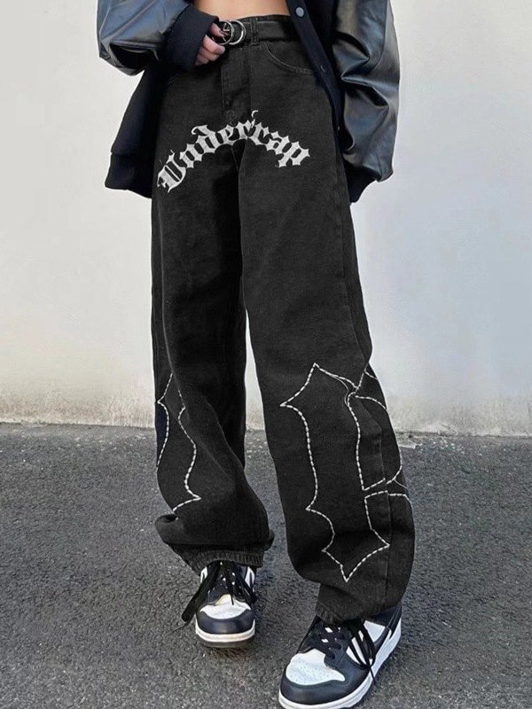 Gothic Letter Black Wash Boyfriend Jeans