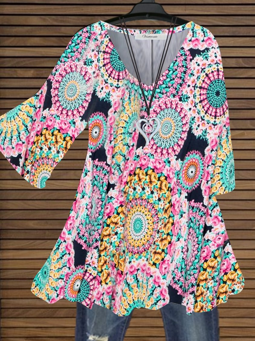 Women Casual Half Sleeve V-neck Floral Printed Top Dress