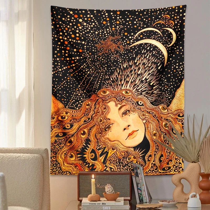 Psychedelic Girl Tapestry Wall Hanging Botanical Celestial Floral Tapestry Hippie Eye Wall Carpets Dorm Decor Starry SkyCarpet