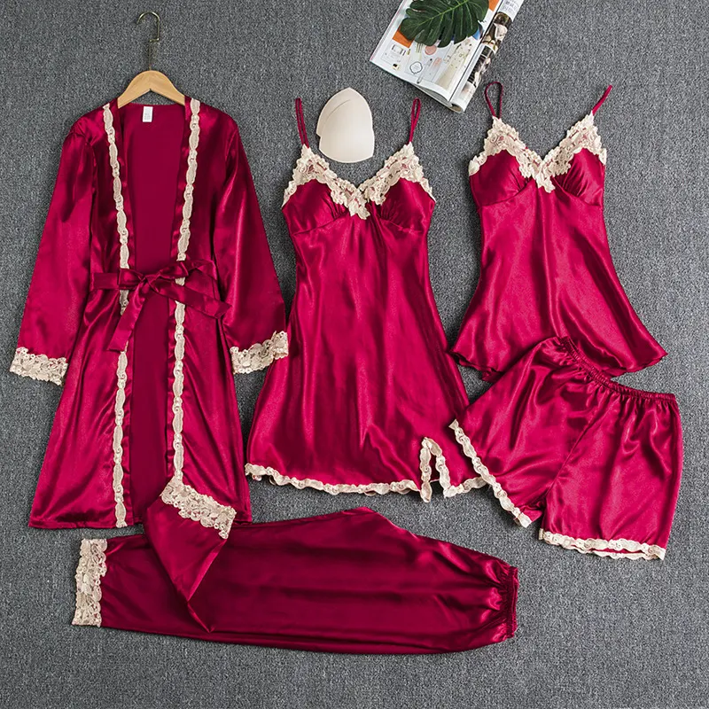 Churchf New Pajamas With Bra Pads Gold Lady With Five Pieces Of Thin Homewear