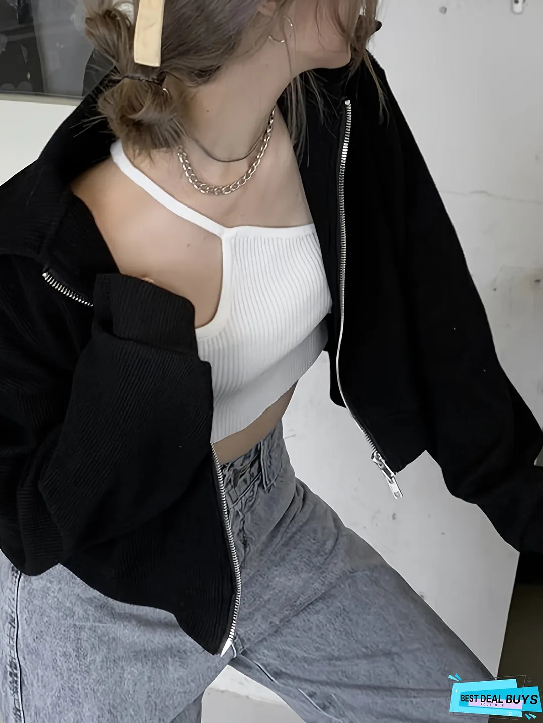 Label Patched Zipper Jacket, Casual Long Sleeve Outwear For Spring & Fall, Women's Clothing