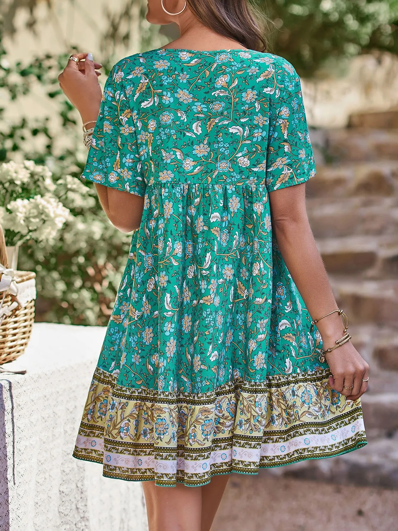A line Dress Bohemian Rayon Positioning Floral Green Dress
