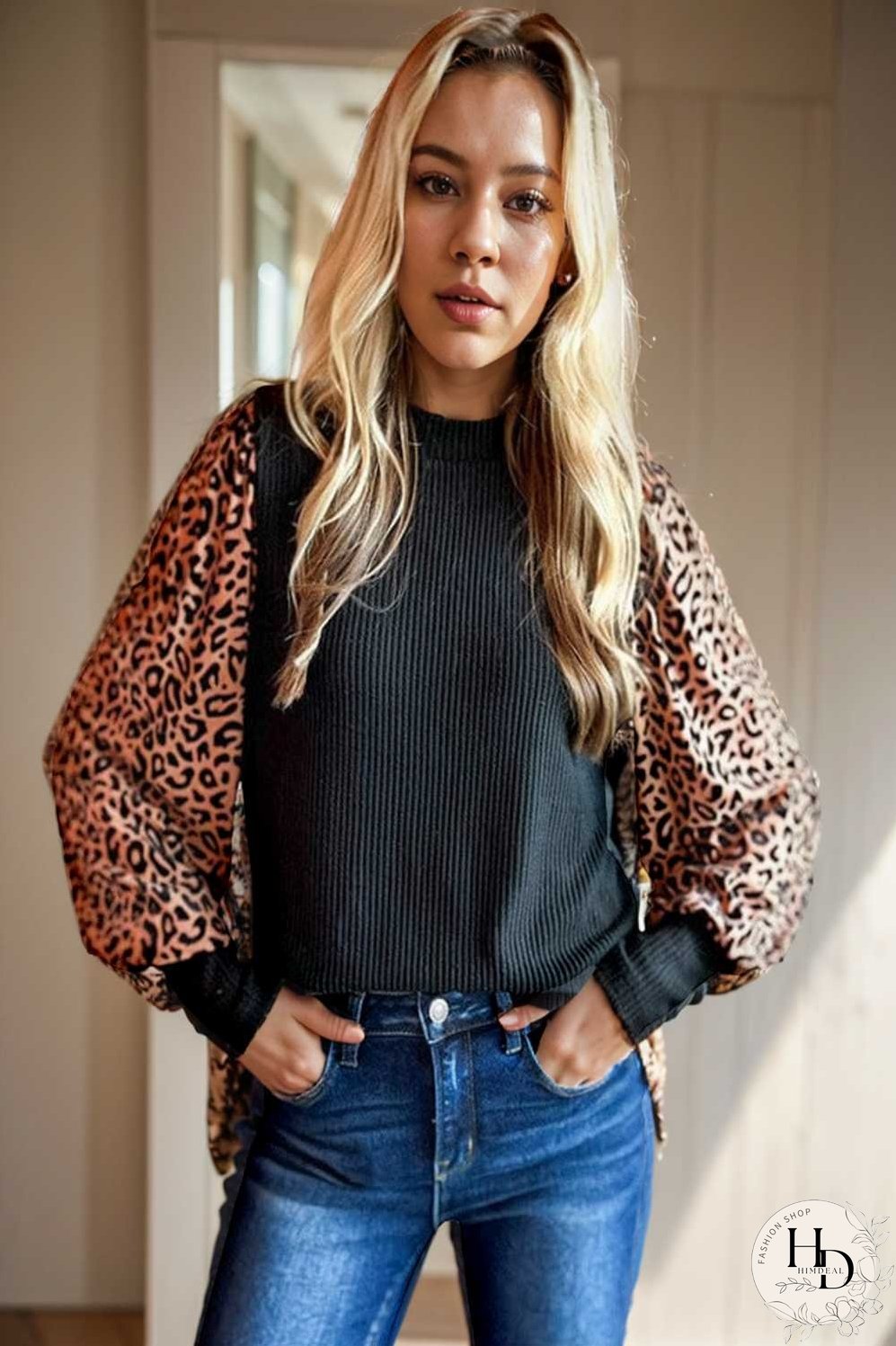women s loose fit leopard print knit pullover with round neck and casual style top