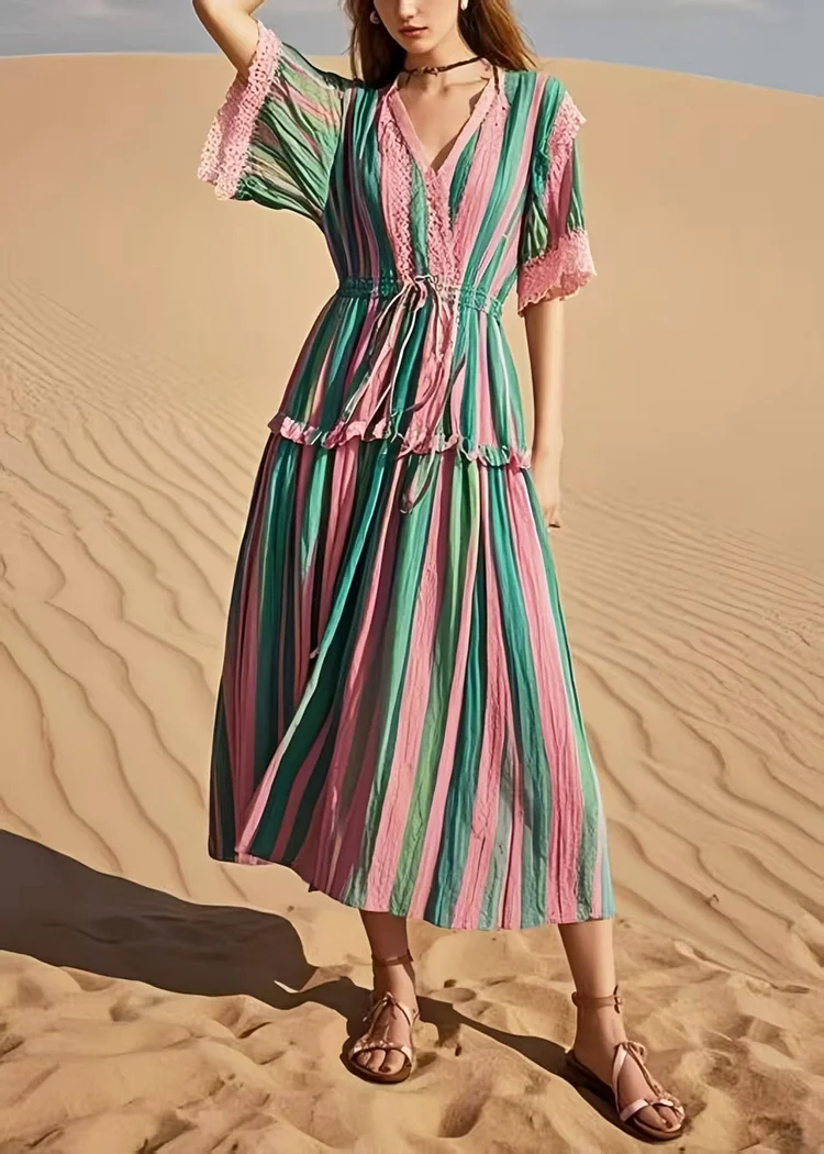 Women Rainbow Cinched Striped Cotton Holiday Dress Summer