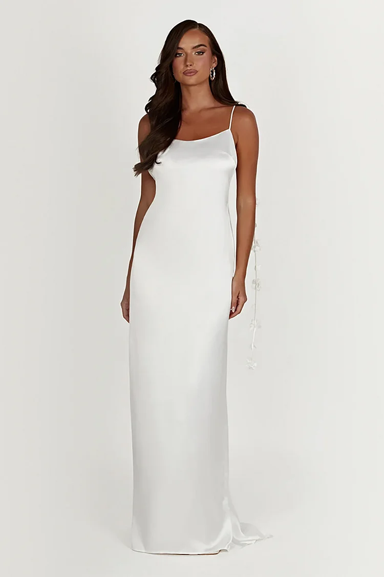 Elegant Cami Boat Neck 3D Flower Decor Sash Satin Slim Evening Gown White Maxi Dresses