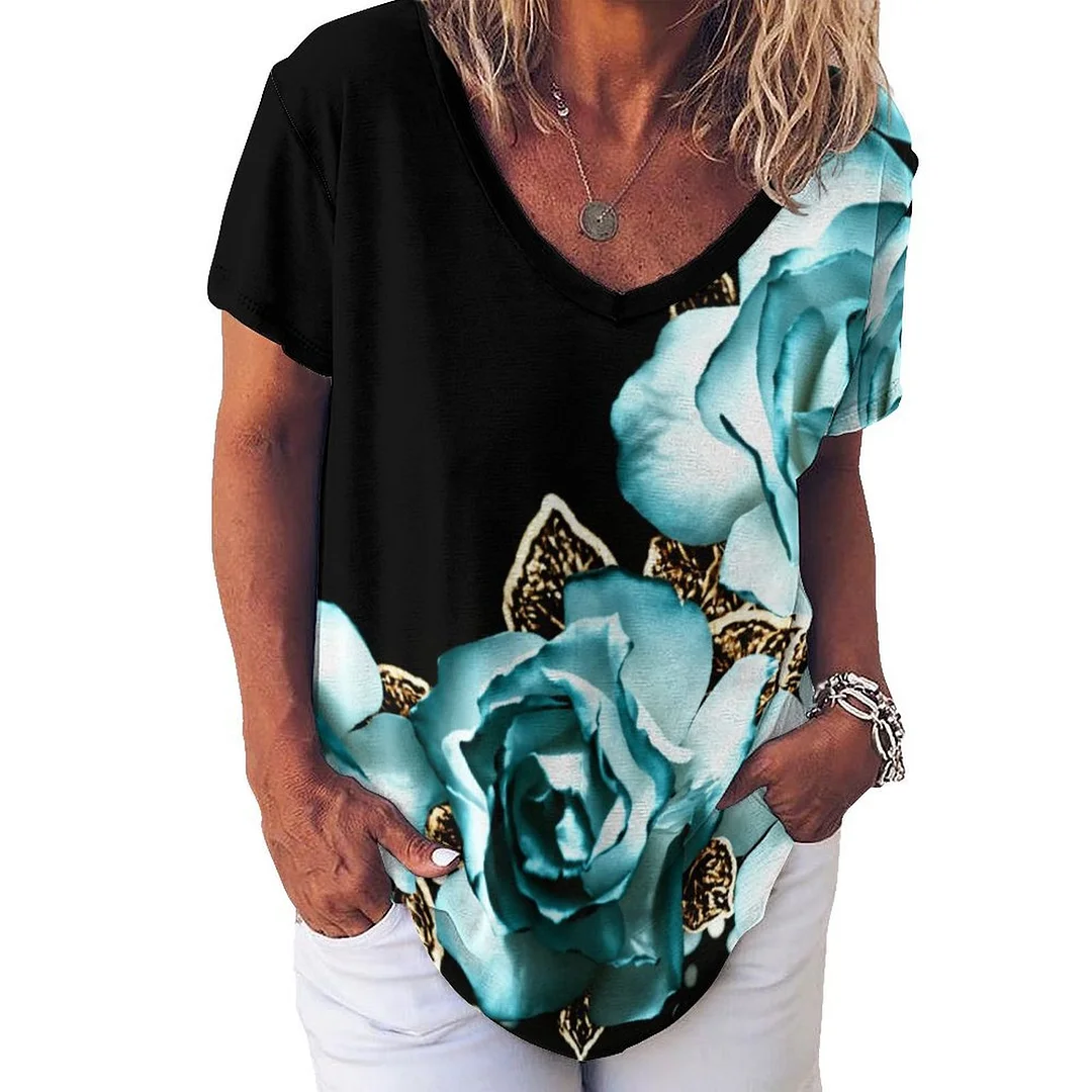 V-neck Short Sleeve Casual T-shirt for  Women Printed with Pattern Turquoise, Floral, Green, Rose, Black