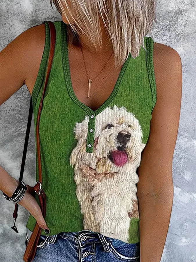 Women's Cute Dog  Print V-Neck Vest