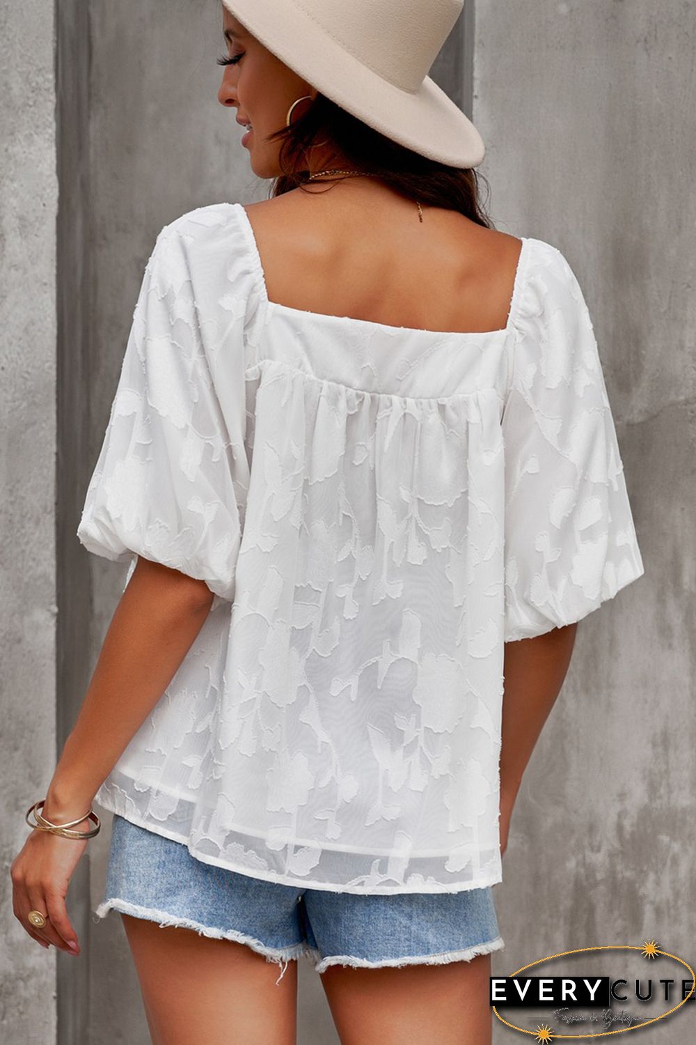White Lush Printed Balloon Sleeve Ruched Chiffon Top