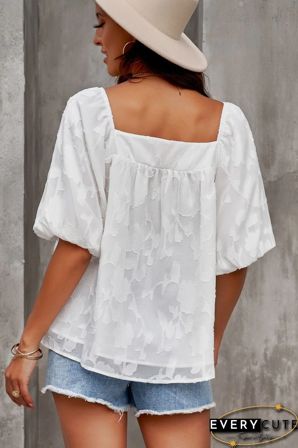 White Lush Printed Balloon Sleeve Ruched Chiffon Top