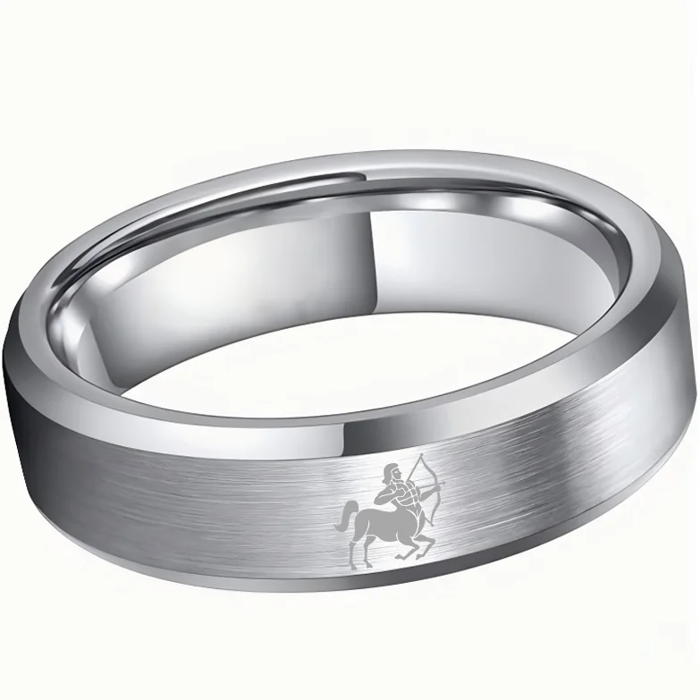 Beveled Edges Sliver Laser Etched Tungsten Carbide Rings Sliver Sagittarius Couple Wedding Bands 4MM 6MM 8MM Width