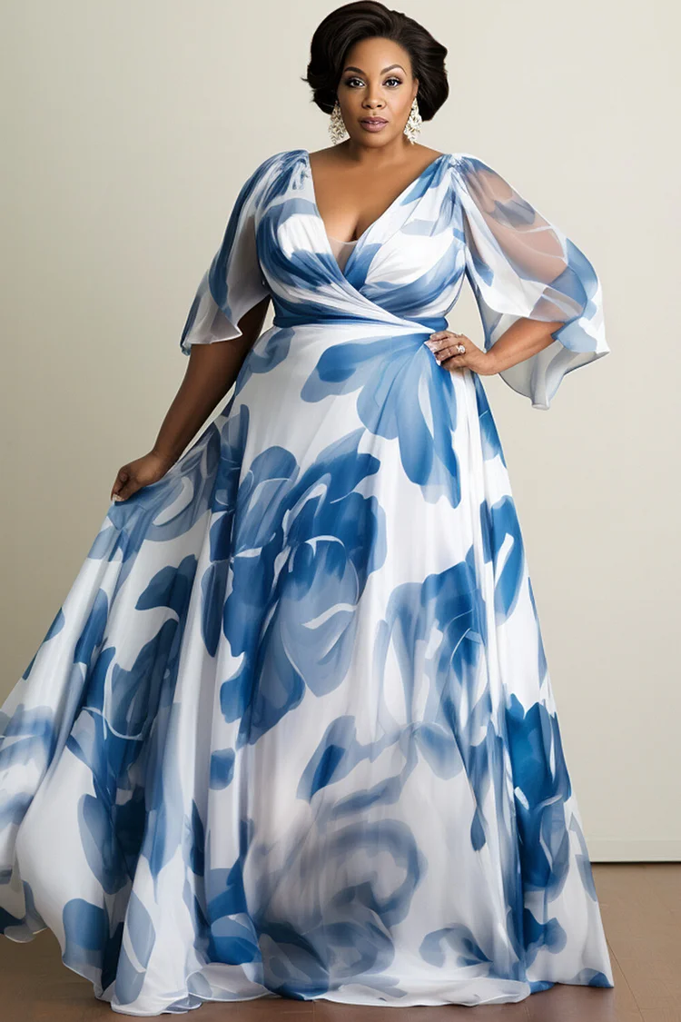 Xpluswear Design Plus Size Formal Blue Floral V Neck Flare Short Sleeve Maxi Dresses [Pre-Order] 2024 - Xpluswear