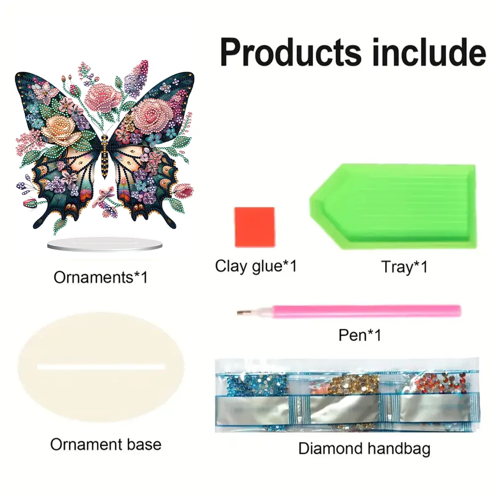 5D DIY Flower Butterfly Acrylic Single-Sided Diamond Painting Tabletop Ornament Kit for Office Desktop Decor