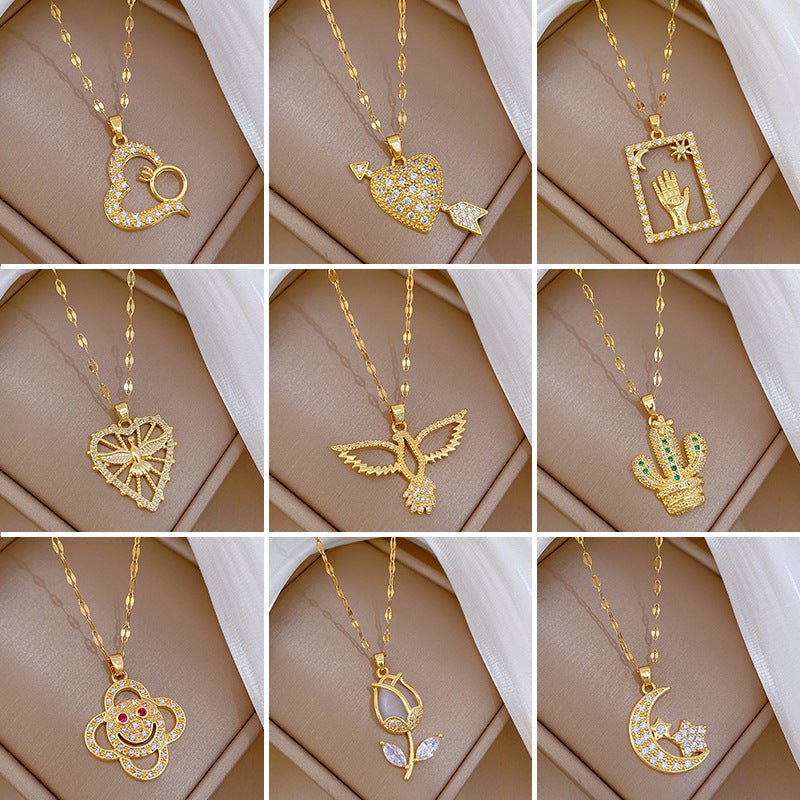 Cartoon Geometric Titanium Steel Diamond Inlay Necklaces