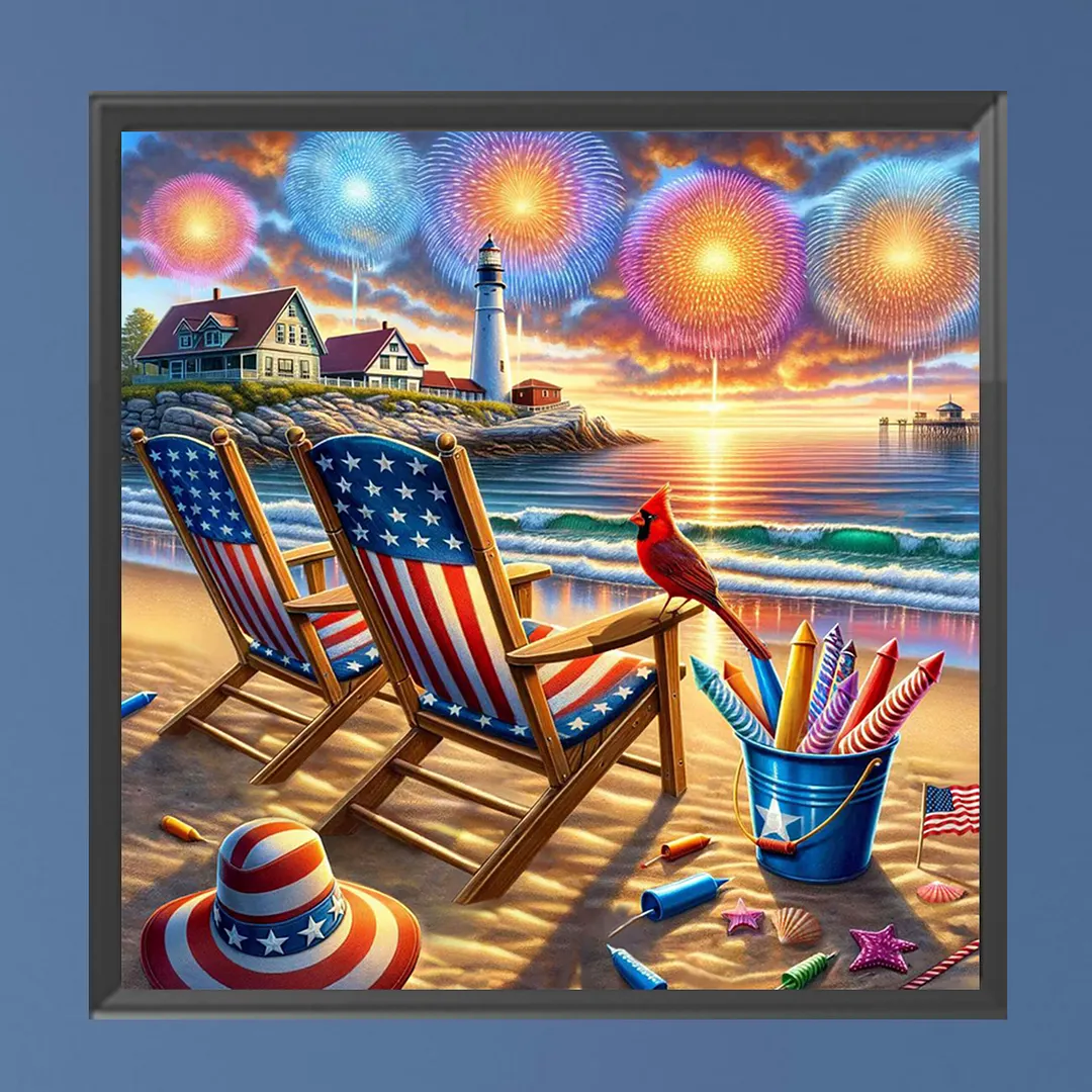 Patriotic Beach Sunset Full DIY 5D Square Drill Diamond Painting Gem Art for Adults/Beginners Gift Idea Home Wall Decor Diamond Dots Paintings Picture Arts Craft 13.78x13.78In