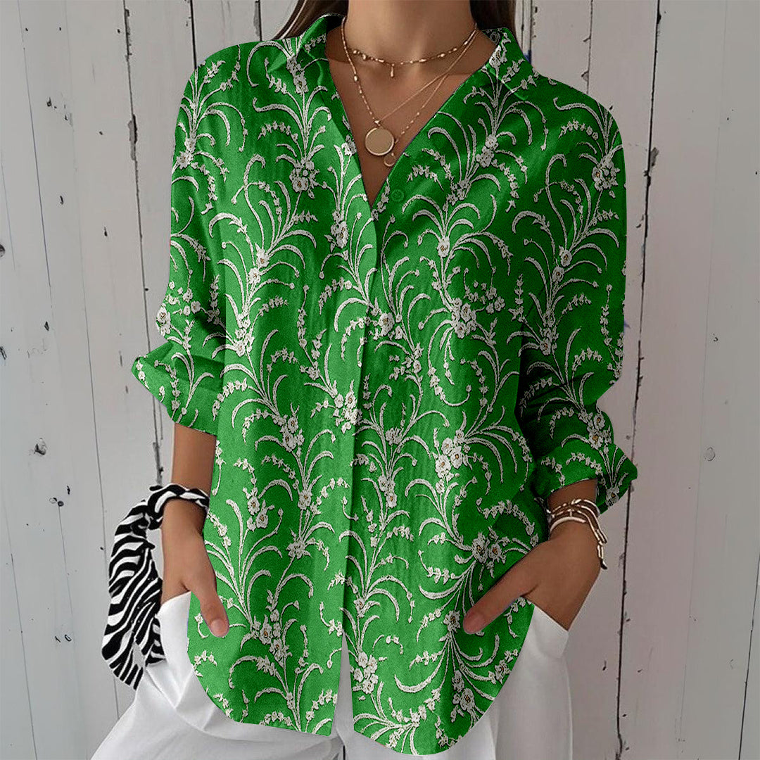 Women Long Sleeve V-neck Graphic Floral Printed Top