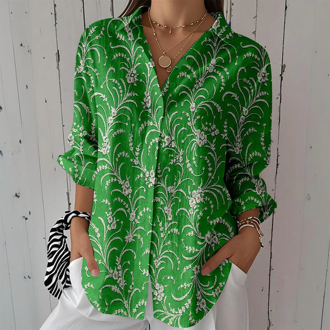 Style & Comfort for Mature Women Women Leaves, Green DZCL0461 3/4 Sleeve Shirt Collar Printed Button Tops