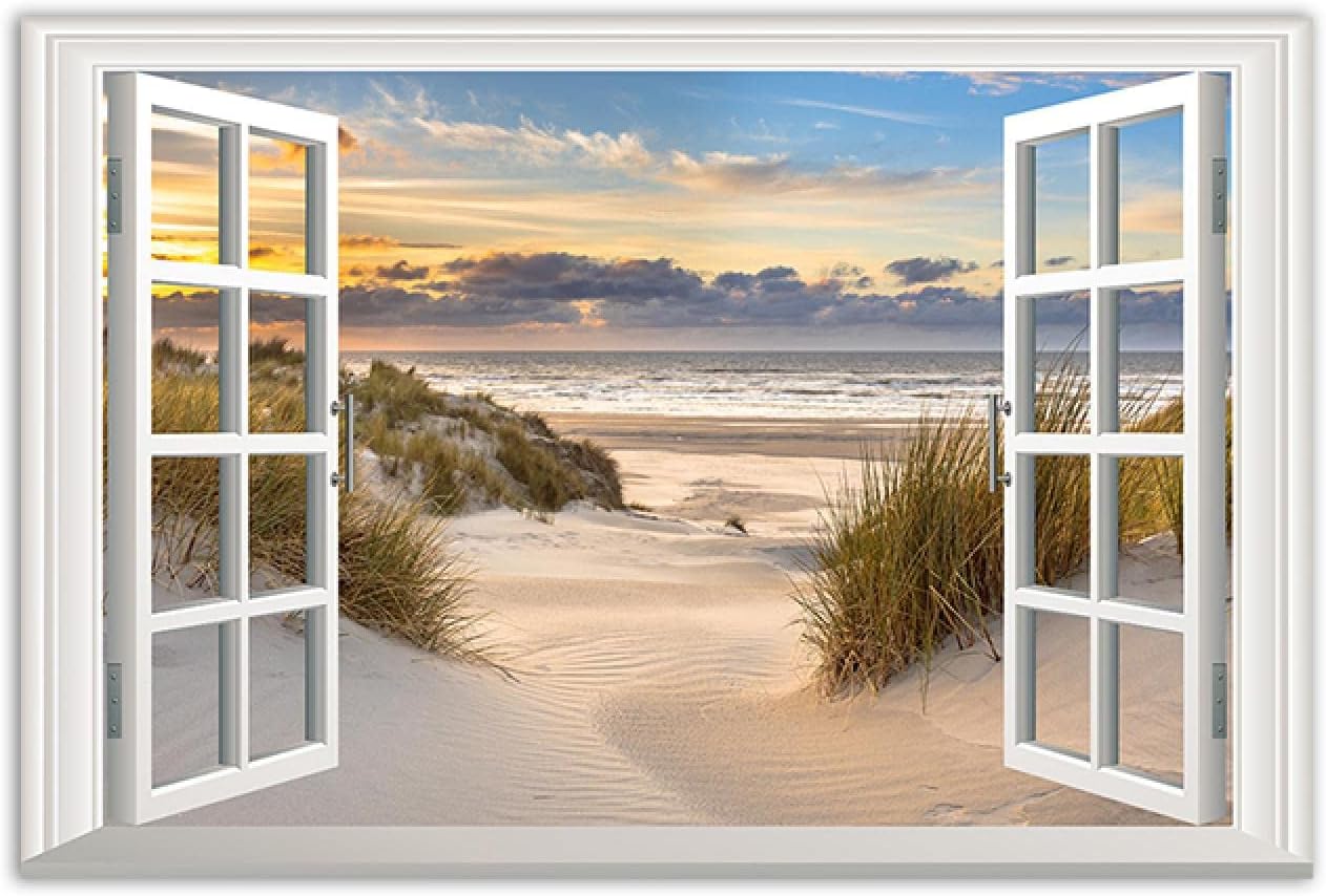 3D Fake Window View Painting,Canvas Wall Art Landscape Picture,Beach Seascape Sunset,Nature Print on Canvas,Wall Art for Living Room Bathroom,Poster and Prints 60x90cm(24x36in) Frameless Unframed