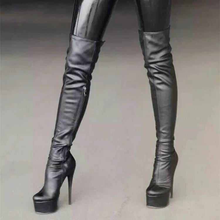 Black Stiletto Heel Sexy Over-The-Knee Platform Boots for Women |FSJ Shoes