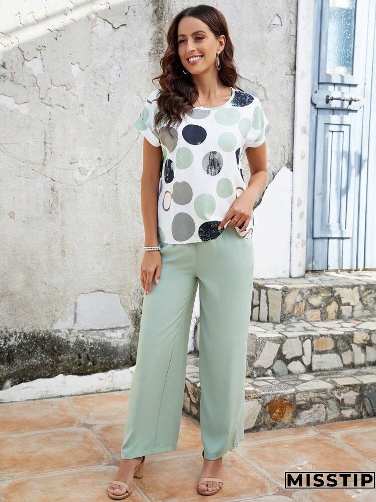 Polka Dot Print Short Sleeve Top And Slanted Pocket Trousers Two Piece Set